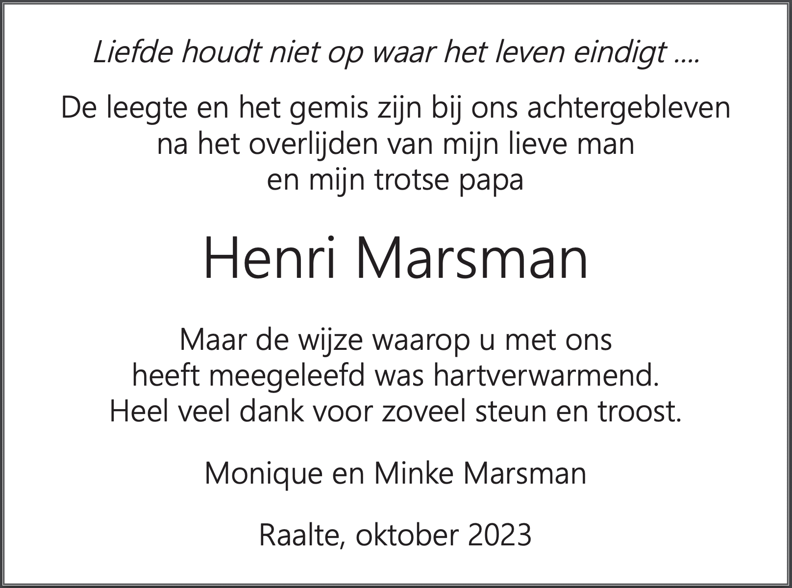 Dankbetuiging na overlijden Henri Marsman