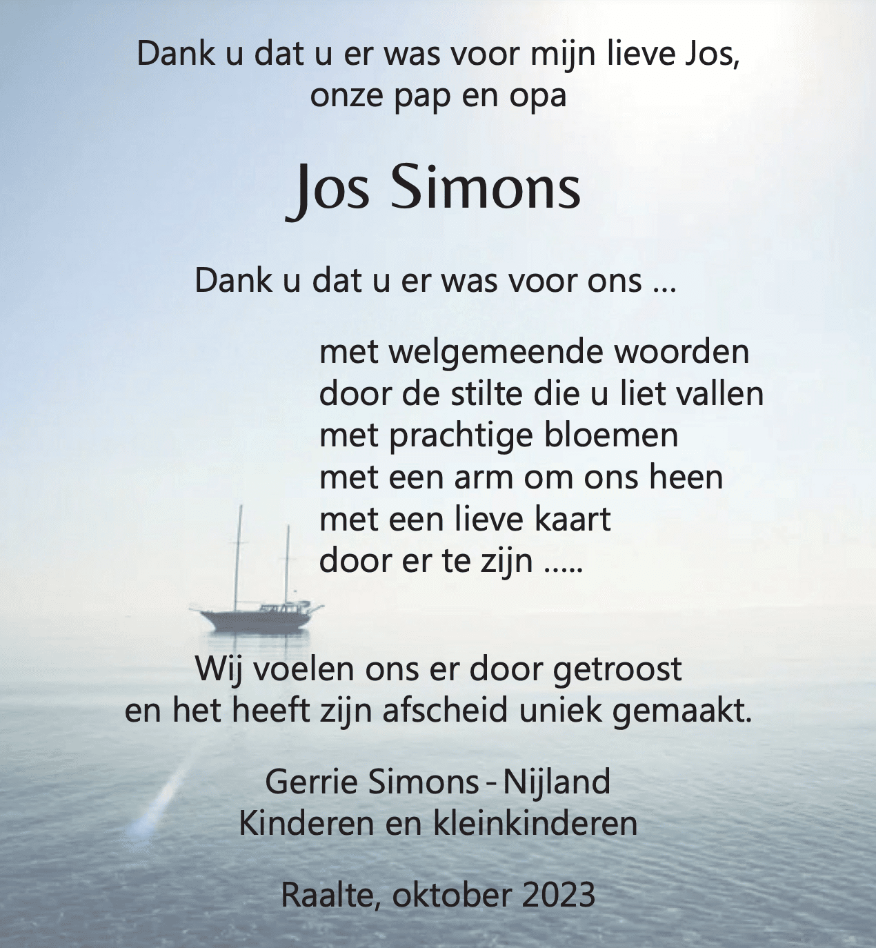 Dankbetuiging na overlijden van Jos Simons