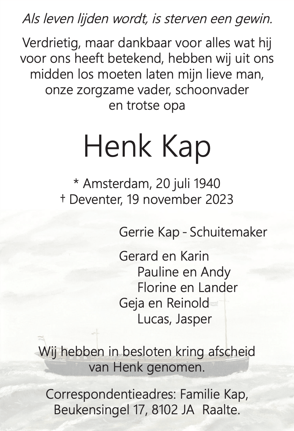 Dankbetuiging na overlijden van Henk Kap