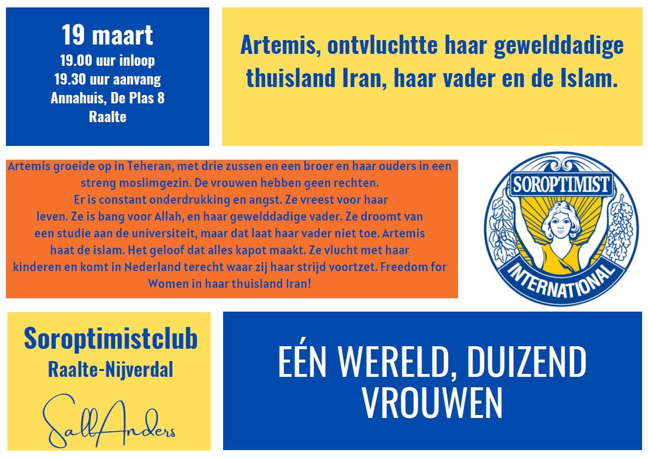 Soroptmistclub SallAnders nodigt gastspreker Artemis uit Iran uit