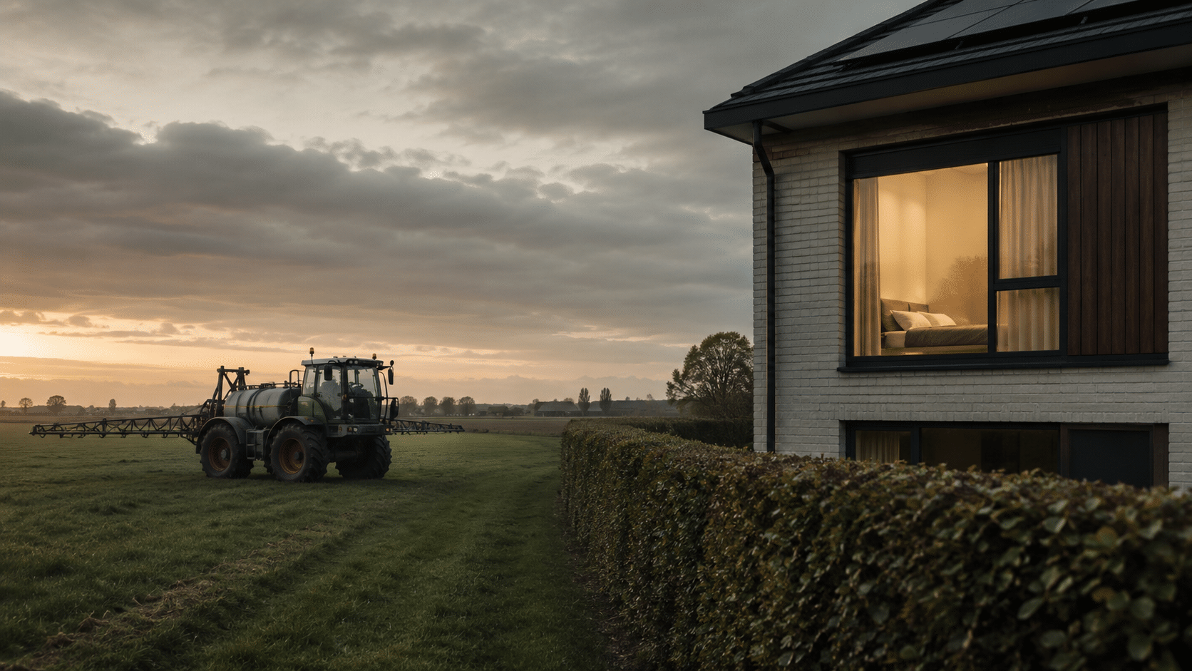 Boer spuit gewasbeschermingsmiddelen op landbouwperceel direct naast een woning met haag