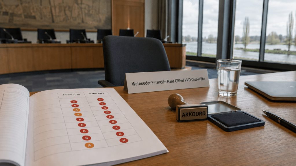 Lege stoel van de wethouder Financiën in de raadzaal van Olst-Wijhe, met op tafel een opengeslagen accountantsrapport vol rode statusbollen over boekjaren 2024 en 2025, een AKKOORD-stempel en uitzicht op de IJssel.